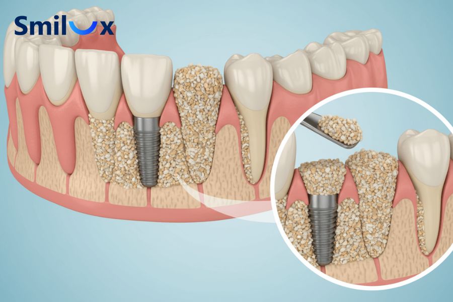 Ghép xương giúp tái tạo thể tích xương hàm cần thiết trước khi đặt trụ Implant.