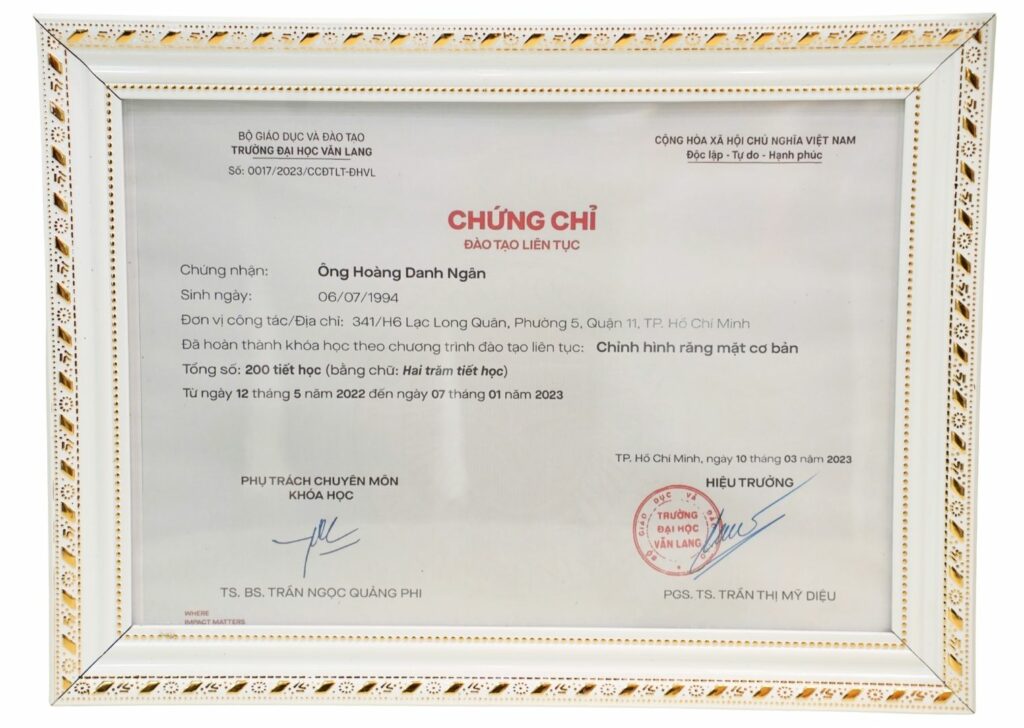 Hoang-Danh-Ngan-chung-chi-dao-tao-lien-tuc-chinh-hinh-rang-mat-co-ban-Hoang-Danh-Ngan-holds-a-continuing-education-certificate-in-basic-orthodontics-1-1024x728