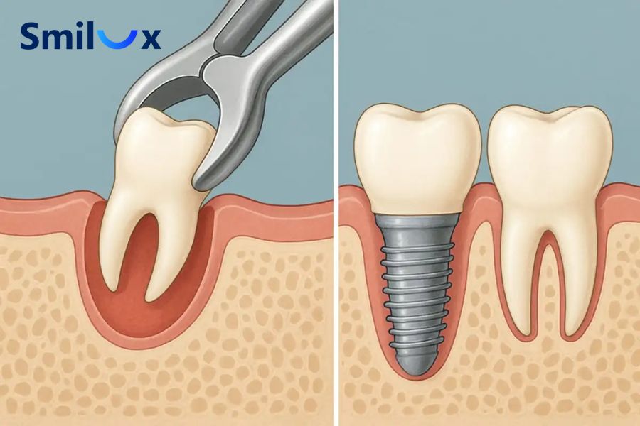 Răng lung lay không thể bảo tồn, bác sĩ sẽ nhổ bỏ và tư vấn trồng Implant