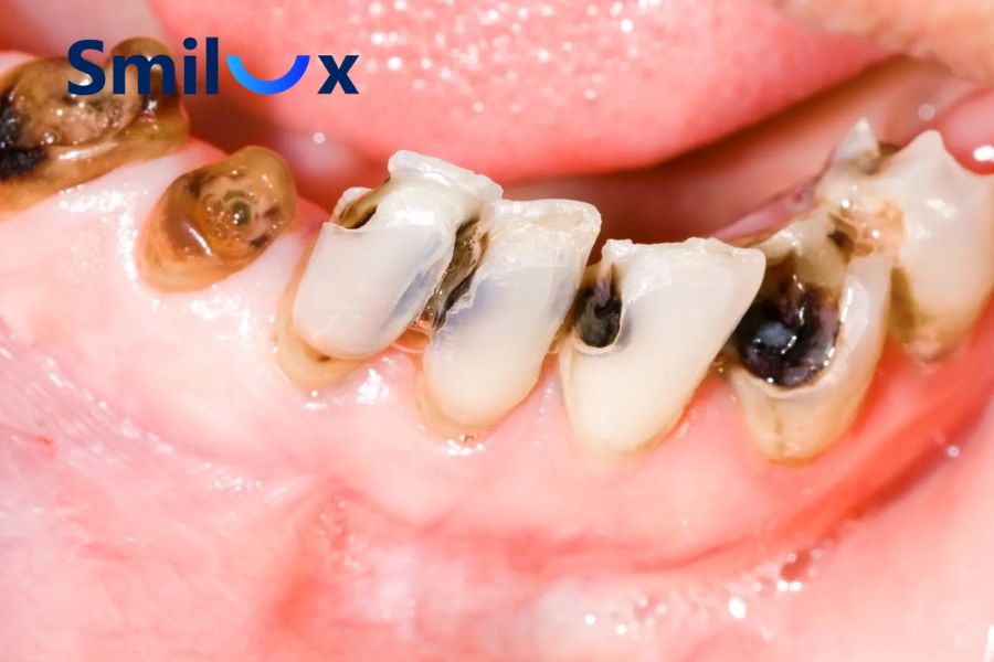 Răng trụ bị sâu, yếu, nứt hoặc lung lay là nguyên nhân khiến cầu răng sứ bị hở