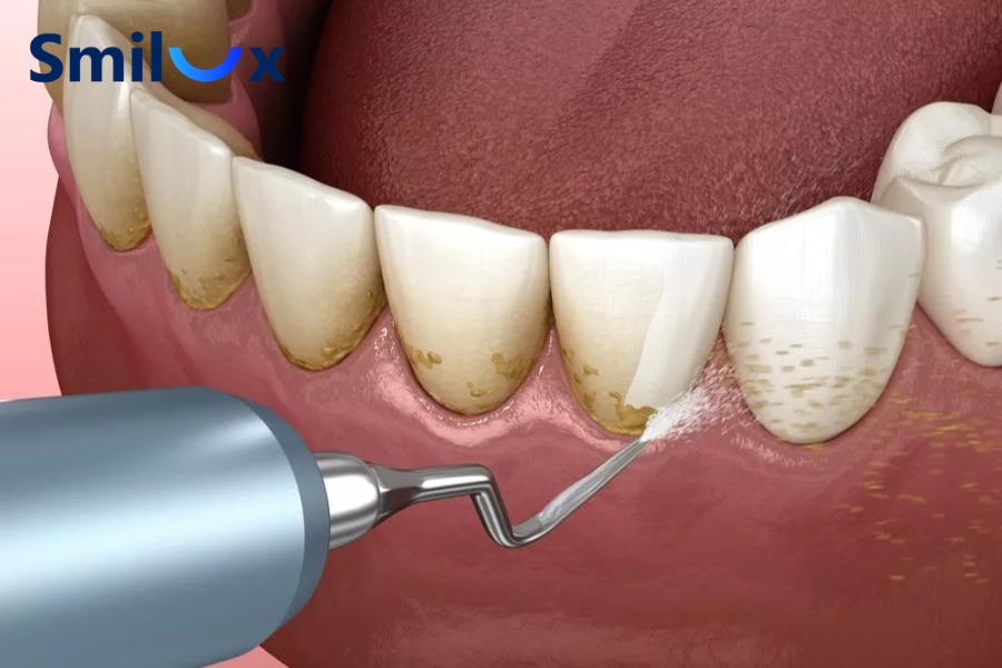 Cạo vôi răng là thủ thuật nha khoa sử dụng dụng cụ chuyên dụng hoặc máy siêu âm để loại bỏ mảng bám