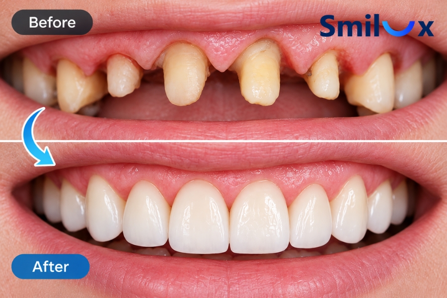 Hình ảnh trước và sau khi bọc sứ 6 răng cửa